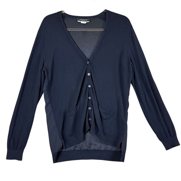 Tiffany & Company Wardrobe Women L Button Cardigan Navy Mix Media Pockets - Picture 1 of 14